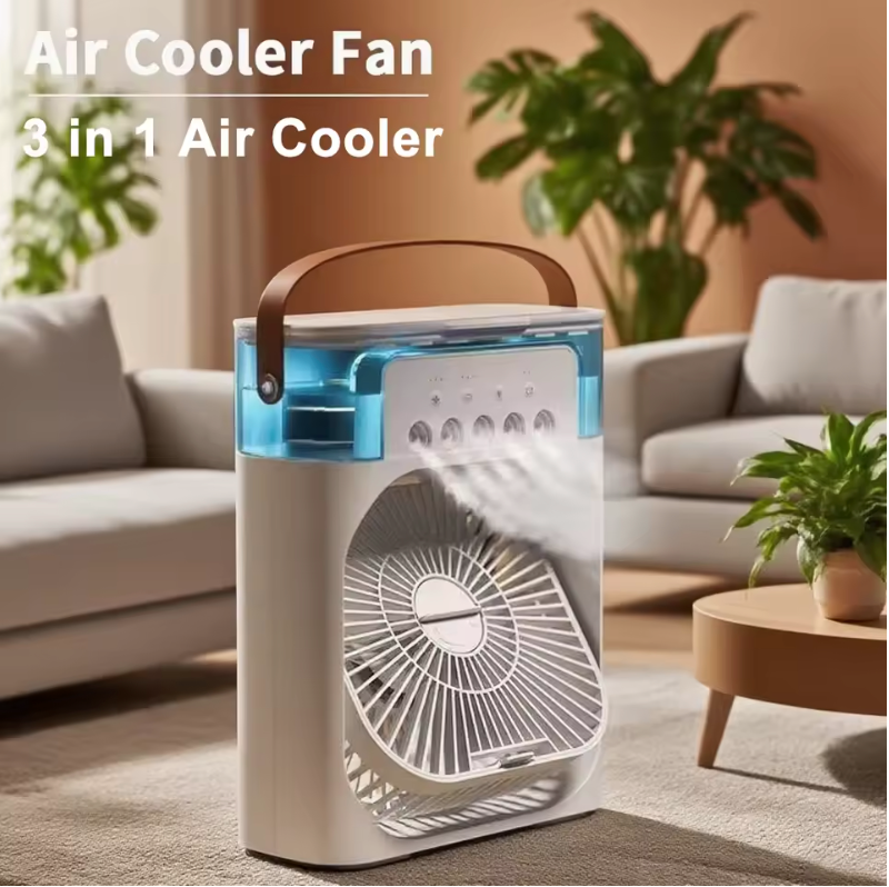 Ventilador de aire acondicionado portátil 3 en 1, enchufe USB con 3 velocidades de pulverización, Enfriador de aire pequeño eléctrico, humidificador de luz nocturna LED para el hogar